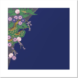 Cherry blossoms, pine tree and bamboo on blue Posters and Art